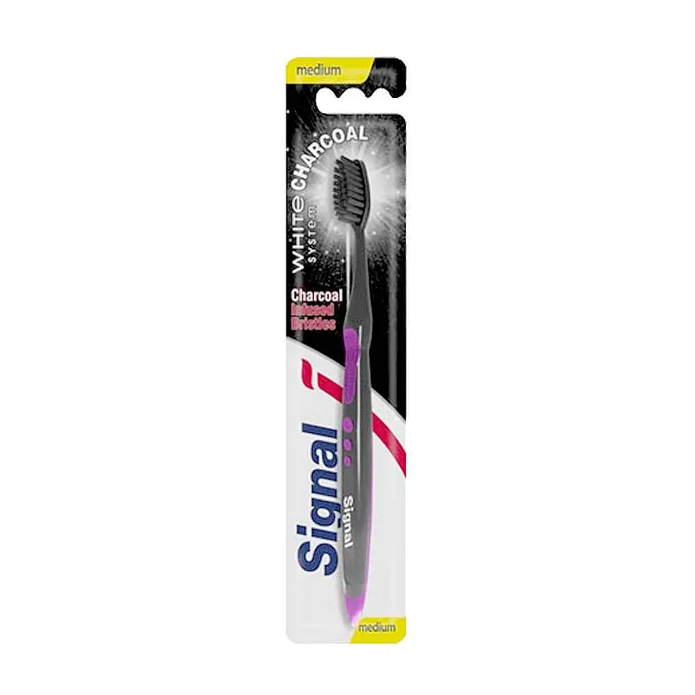 مسواک ذغالی سیگنال مدل White System Charcoal با برس متوسط بسته 2 عددی