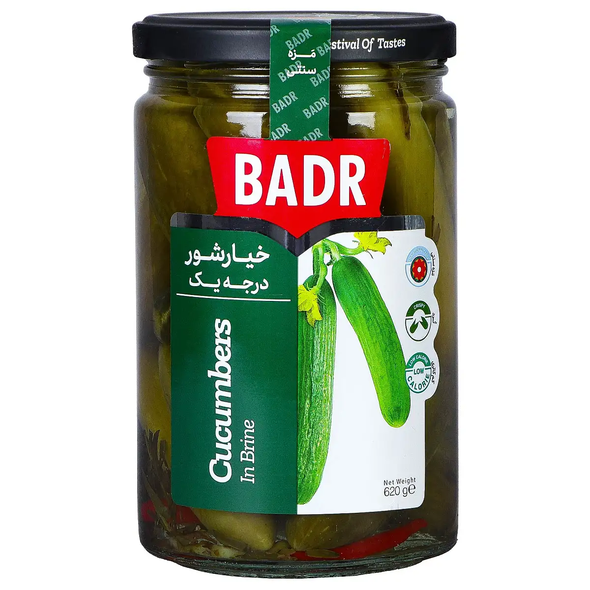 پک خیارشور درجه یک شیشه ای بدر 620 گرمی بسته 5 عددی
