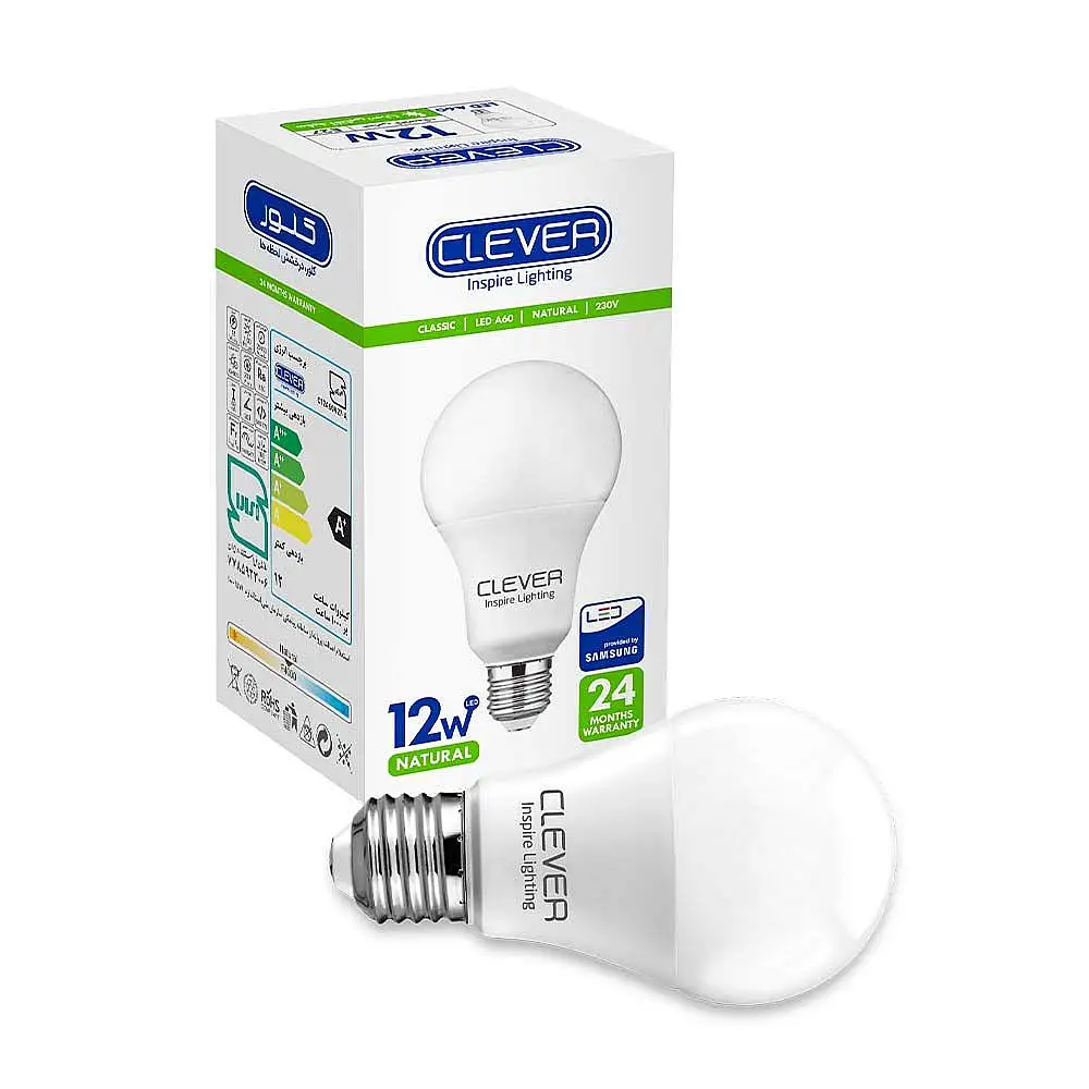 لامپ LED کلور 12 وات مدل C12A60N27 رنگ آفتابي پایه E27 بسته 2 عددی